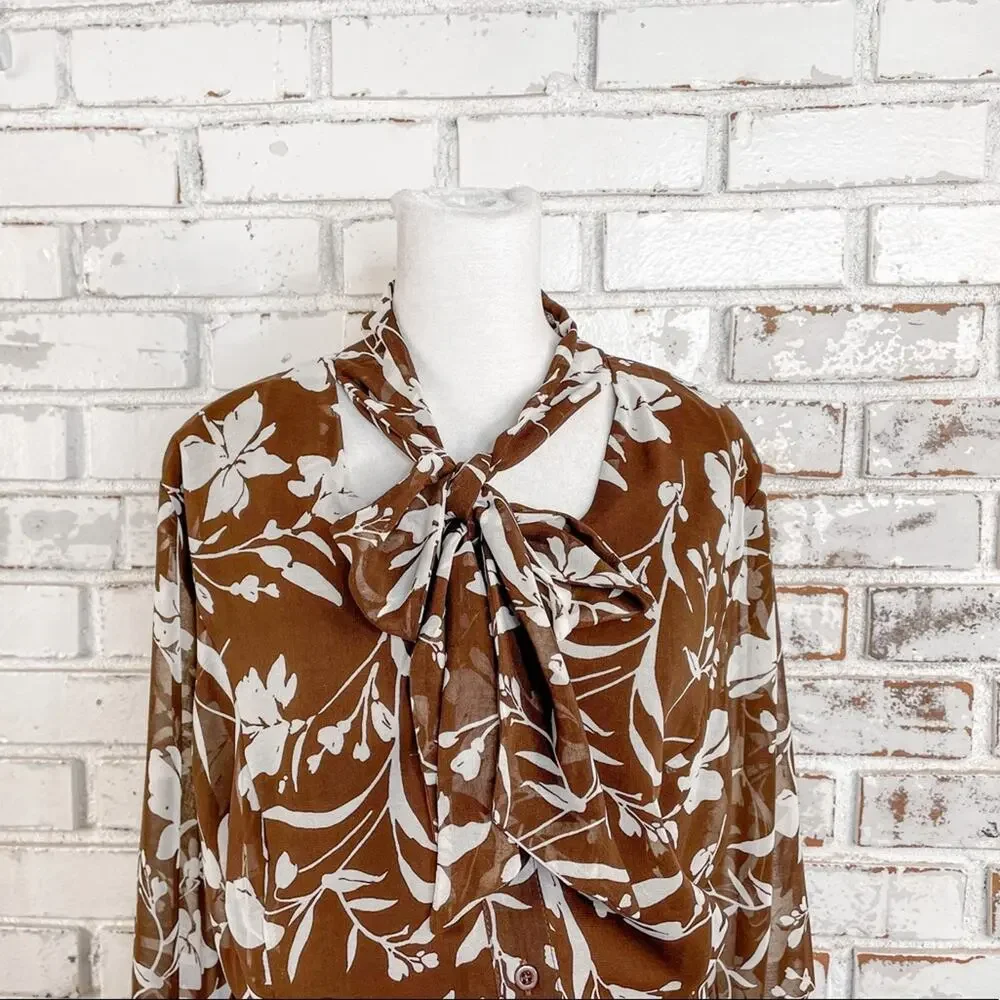 Lane Bryant Tie Neck Bow Brown and Off White Floral Sheer Midi Dress 22